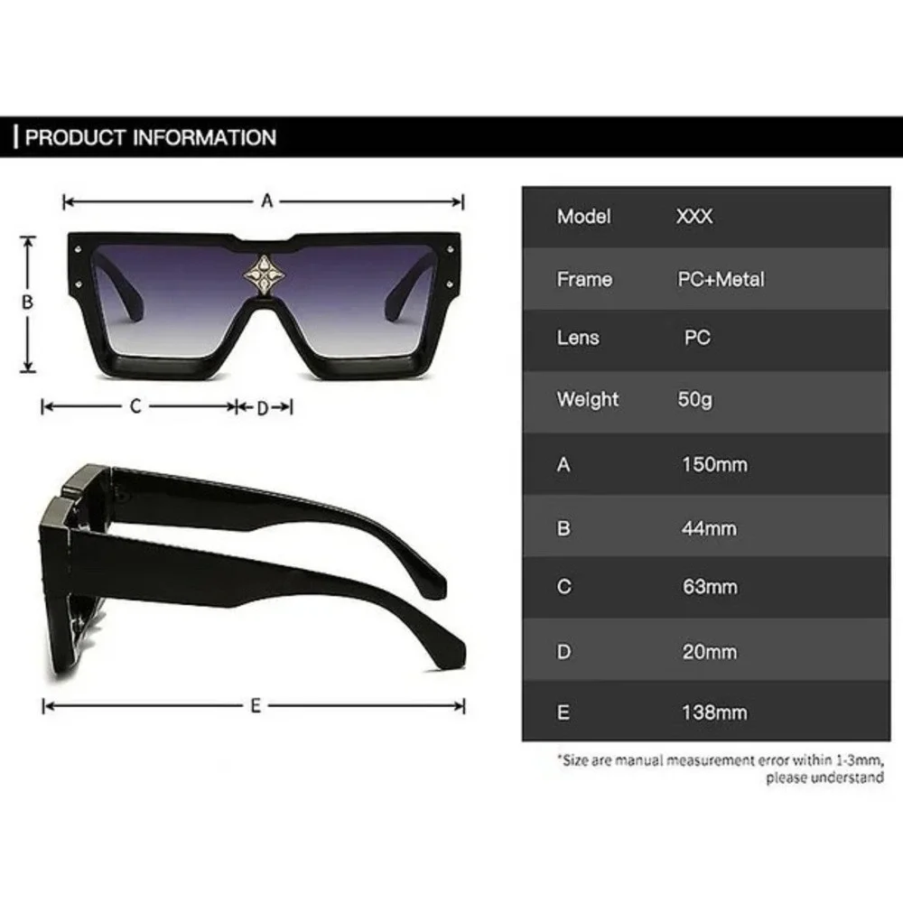 Square Sunglasses Women Men Flat Top Fashion Shades Star Accent Black Lens Gafas